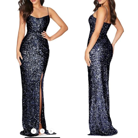 NOOKIE Sequined Long Maxi Evening Dress Spaghetti Strap High Slit Medium NEW - Picture 1 of 8